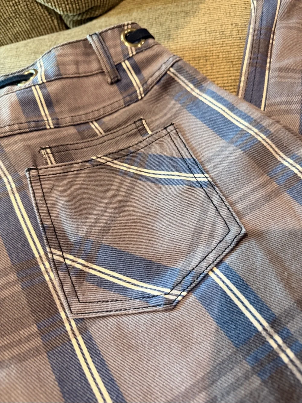 Plaid Wide-Leg Women's Jeans Deep Pockets Slate Blue with Navy Rope Waist Tie 12